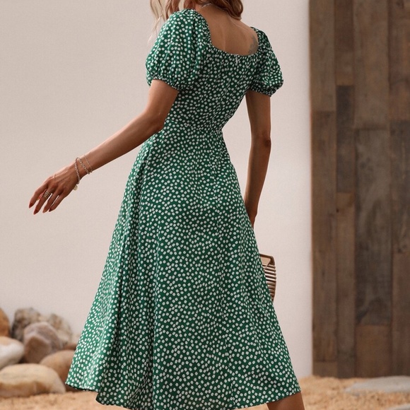 Red Boho Floral Print Puff Sleeve Slit Midi Dress - Picture 5 of 16